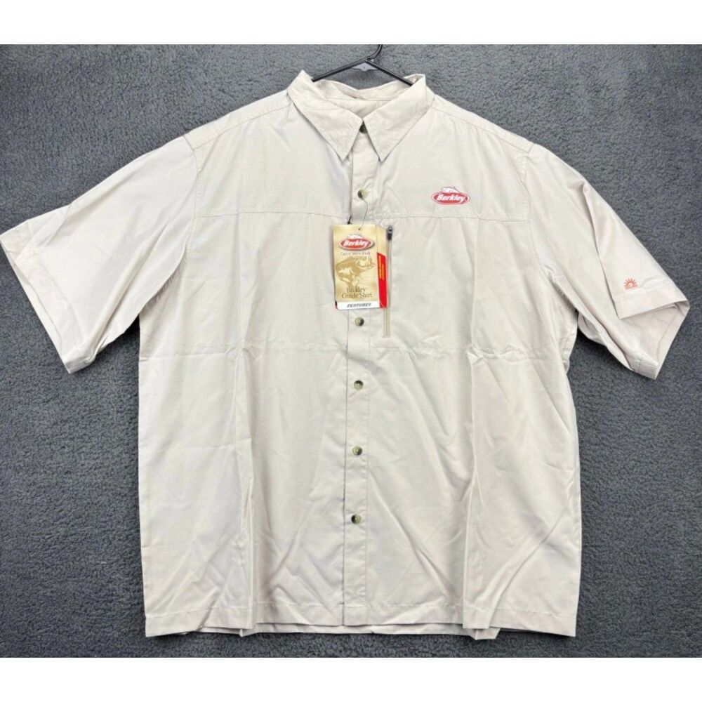 BERKLEY Mens Sz Medium (38-40) Khaki Button Up Vented UPF 20+ Fishing Shirt NWT
